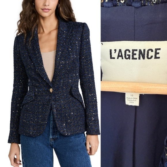 L'AGENCE Chamberlain Tweed Blazer in Dark Sequin Blue Size 12 - Picture 4 of 12